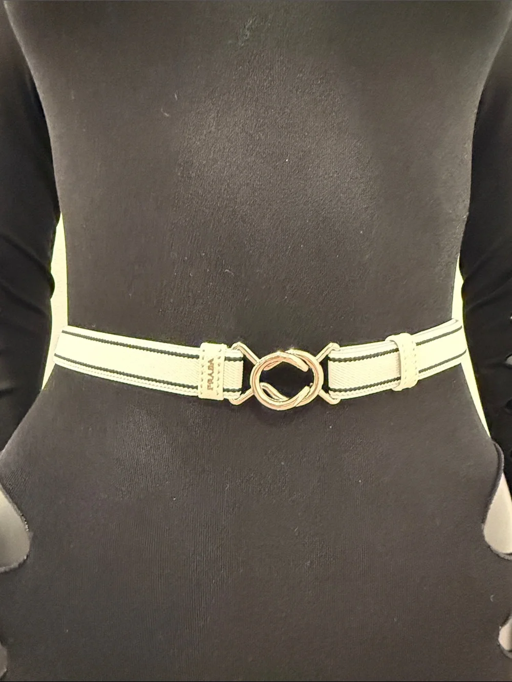 Prada Milano Adjustable Web Belt White Navy Stripe Silver Buckle Size 40 NEW